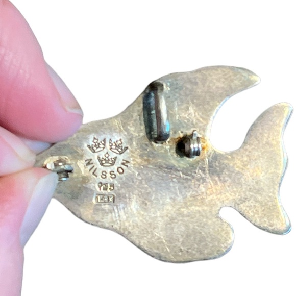 Vintage Nilsson Sterling 14K Gold Onyx Fish Brooch/Pendant - Picture 4 of 5